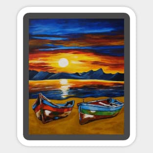 Boats on the Beach at sunset painting Sticker